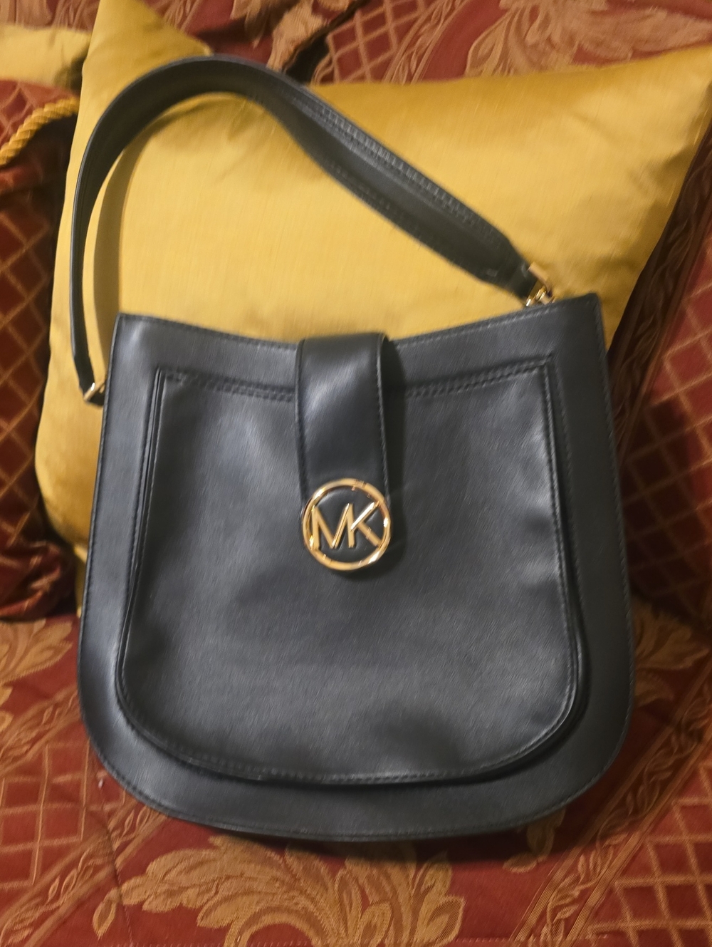 Michael Kors Black Leather Shoulder Bag with Gold MK Emblem